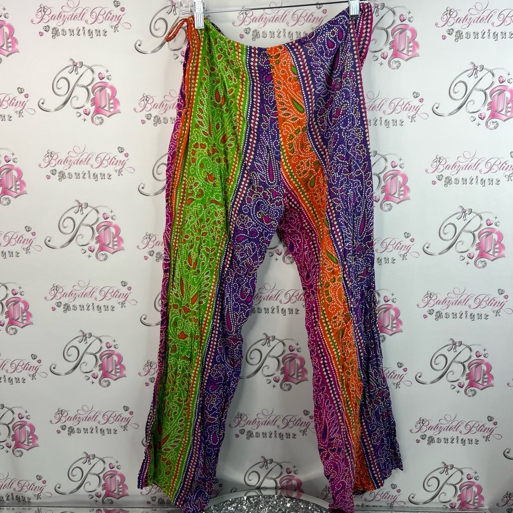 La lingerie pants flare hippie style sexy tie up side bright Paisley Print Pants